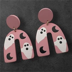Pink Ghost Moon Polymer Clay Earrings Halloween Dangle Drop Jewelry 1.85”